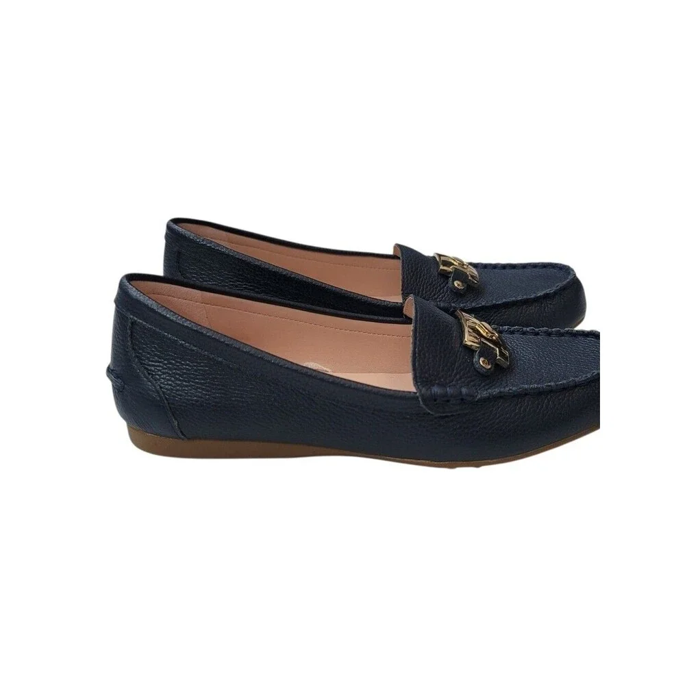NEW Kate Spade Carmen Driving Loafer with Gold Logo in Pebbled Navy Blue Size 6